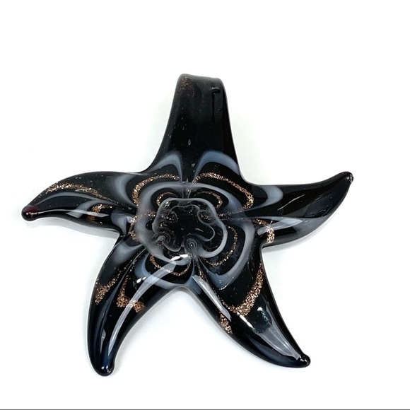 Three Glass Starfish Black Gold and White Necklace Pendant - Picture 7 of 15